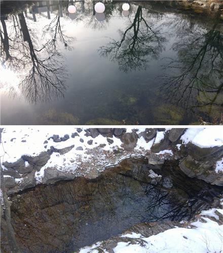 These photos, taken on Jan. 17, 2017, show Hwangji Pond (top) and Geomryongso. (Yonhap)
