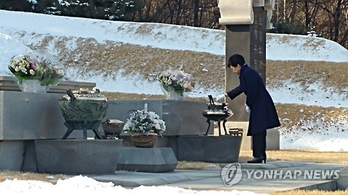 President Park Geun-hye pays her respects at the graves of her parents -- former President Park Chung-hee and first lady Yook Young-soo -- at the Seoul National Cemetery on Jan. 23, 2017, in this photo released by the presidential office Cheong Wa Dae. (Yonhap)