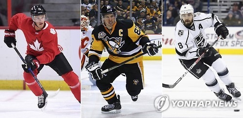 In these Associated Press file photos, Canadian National Hockey League players (from L to R) Jonathan Toews, Sidney Crosby and Drew Doughty skate during practice and NHL games. The NHL announced on April 3, 2017, that it will not send its players to the 2018 Winter Olympics in PyeongChang, South Korea. (Yonhap)