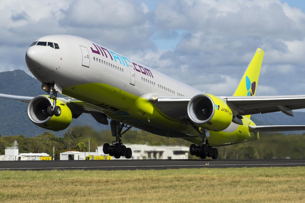A Jin Air B777-200ER taking off from an airport (Photo courtesy of Jin Air) (Yonhap)