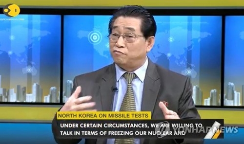 This image, taken from India's television station WION on June 21, 2017, shows North Korean Ambassador to India Kye Chun-yong speaking in an interview. (Yonhap)