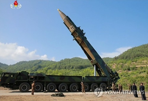 This photo taken from (North) Korean Central TV on July 4, 2017, shows a Hwasong-14 ICBM that Pyongyang claims has been successfully tested. (For Use Only in the Republic of Korea. No Redistribution) (Yonhap)
