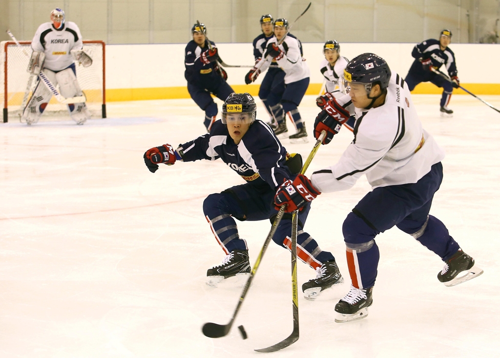 In this undated file photo provided by the Korea Ice Hockey Association, South Korean men's national hockey players practice at the Jincheon National Training Center in Jincheon, North Chungcheong Province. (Yonhap)