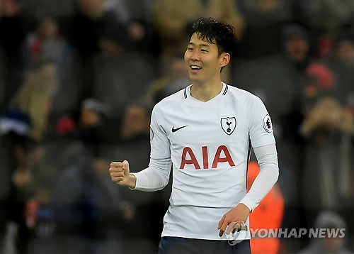 In this Reuters file photo taken Dec. 9, 2017, Son Heung-min of Tottenham Hotspur celebrates a goal against Stoke City in their Premier League match at Wembley Stadium in London. (Yonhap)