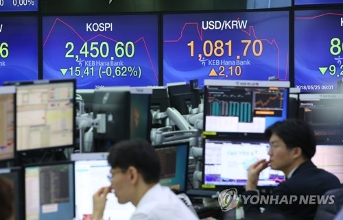 This file photo shows traders in front of a quote screen in the trading room of KEB-Hana Bank's headquarters in Seoul. (Yonhap)