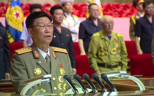 This footage from North's Korean Central Television shows Kim Su-gil, director of the General Political Bureau of the Korean People's Army, speaking during a meeting on July 26, 2019, to mark the 66th anniversary of the signing of the armistice that ended the 1950-53 Korean War. (For Use Only in the Republic of Korea. No Redistribution) (Yonhap)