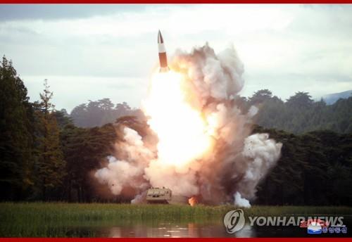 This photo, carried by North Korea's Central News Agency on Aug. 17, 2019, shows the test of a "new weapon" a day earlier. The projectile is believed to be the North Korean version of the U.S.' Army Tactical Missile System (ATACMS). (For Use Only in the Republic of Korea. No Redistribution) (Yonhap)