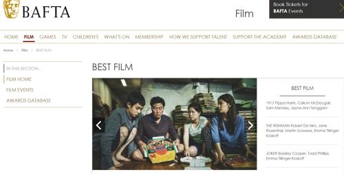 This captured image shows "Parasite" is nominated for best film for the 2020 British Academy of Film and Television Arts (BAFTA) Awards. (PHOTO NOT FOR SALE) (Yonhap)