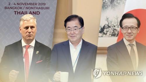 This compilation image shows Chung Eui-yong (C), director of Cheong Wa Dae's national security office, and his U.S. and Japanese counterparts -- Robert O'Brien (L) and Shigeru Kitamura, respectively. (Yonhap)