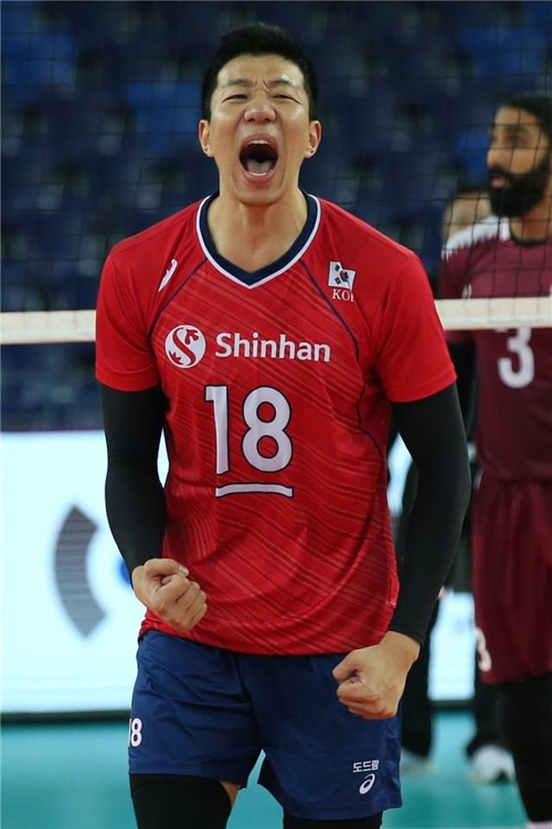In this photo provided by FIVB on Jan. 9, 2020, Shin Yung-sik of South Korea celebrates a point against Qatar in the teams' Pool B match of the Asian Olympic men's volleyball qualification tournament at Jiangmen Sports Center Gymnasium in Jiangmen, China. (PHOTO NOT FOR SALE) (Yonhap)