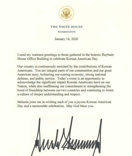 This image, provided by the South Korean consulate in Los Angeles, shows a letter written by U.S. President Donald Trump on the occasion of Korean American Day, Jan. 13, 2020. (Yonhap)
