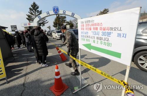 New conscripts enter a boot camp in Nonsan, 213 kilometers south of Seoul, on Feb. 3, 2020, without a conventional ceremony attended by their family members and friends to mark their entry into the service due to the coronavirus. (Yonhap)