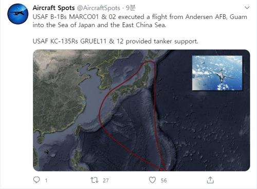 This photo, captured from Aircraft Spots' tweet, shows a flight route of two B-1B Lancer strategic bombers. (PHOTO NOT FOR SALE) (Yonhap)