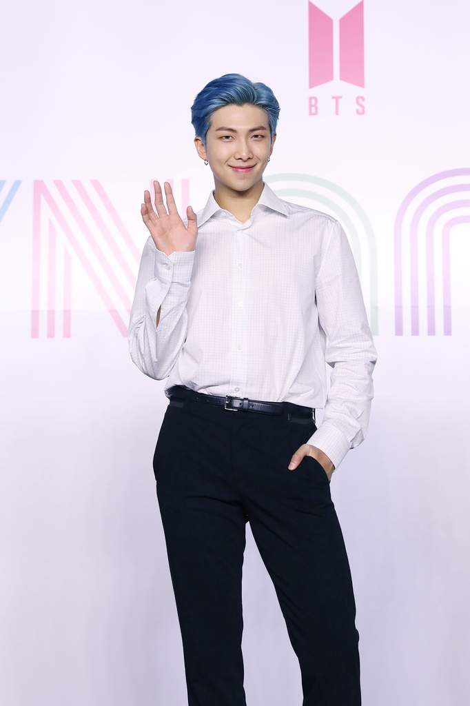 RM of K-pop sensation BTS poses for photos during an online press conference for the new single "Dynamite" held in Seoul on Aug. 21, 2020, in this photo provided by Big Hit Entertainment. (PHOTO NOT FOR SALE) (Yonhap)