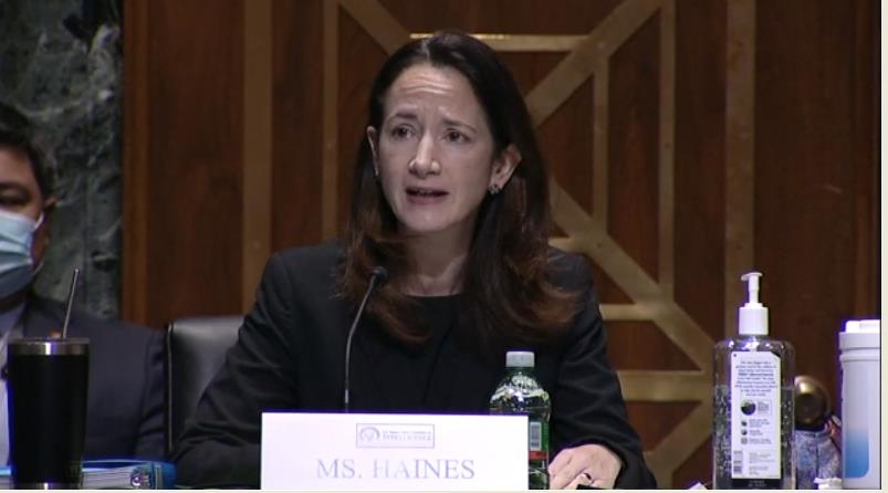 This captured image from the website of the Senate Intelligence Committee shows Director of National Intelligence-designate Avril Haines speaking at her confirmation hearing in Washington on Jan. 19, 2021. (Yonhap)