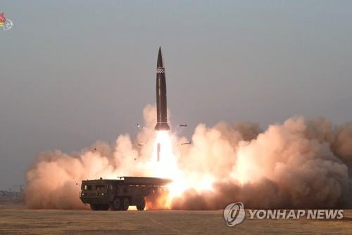 A new type of a tactical guided missile is launched from the North Korean town of Hamju, South Hamgyong Province, on March 25, 2021, in this photo released by the North's official Korean Central News Agency. South Korea's military said the previous day that the North fired what appeared to be two short-range ballistic missiles into the East Sea. (For Use Only in the Republic of Korea. No Redistribution) (Yonhap)