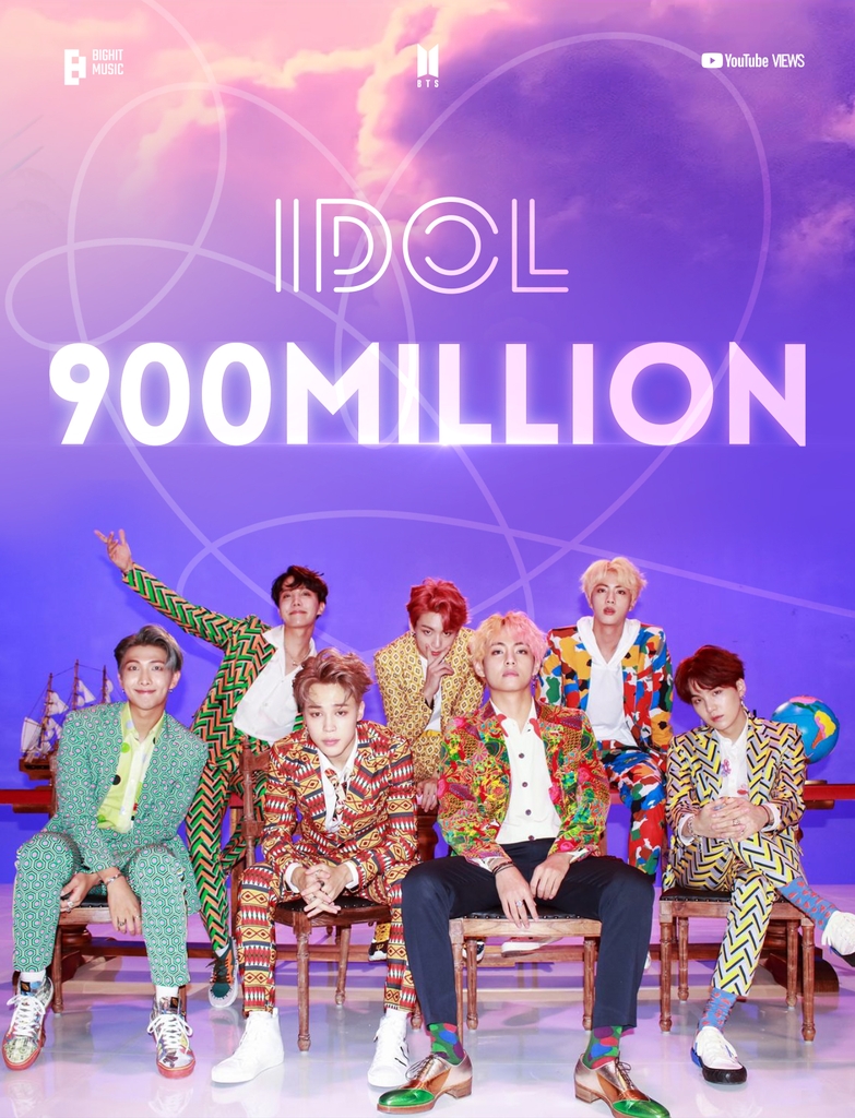 This photo, provided by Big Hit Music, celebrates 900 million views for the BTS music video "Idol." (PHOTO NOT FOR SALE) (Yonhap)