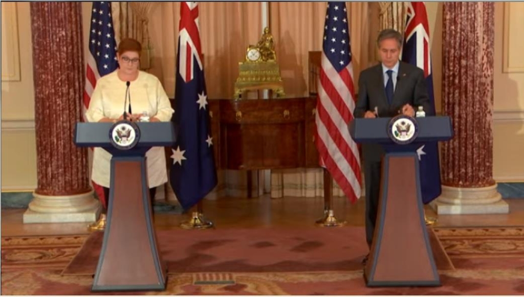 The image captured from the website of the U.S. State Department shows U.S. Secretary of State Antony Blinken (R) and Australian Foreign Minister Marise Payne holding a joint press conference at the State Department in Washington on May 13, 2021. (Yonhap)
