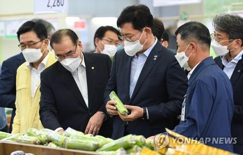This photo provided by the press corps of the National Assembly shows Democratic Party Chairman Rep. Song Young-gil (C) inspecting a zucchini at a grocery store in southern Seoul during his on-site inspection of food prices on Aug. 5, 2021. (PHOTO NOT FOR SALE) (Yonhap)