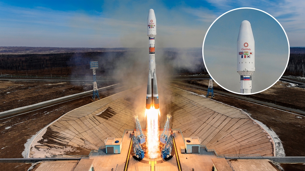 This digitally rendered image, provided by Hanwha Systems Co. on Aug. 12, 2021, shows a rocket to be launched by OneWeb. (PHOTO NOT FOR SALE) (Yonhap)