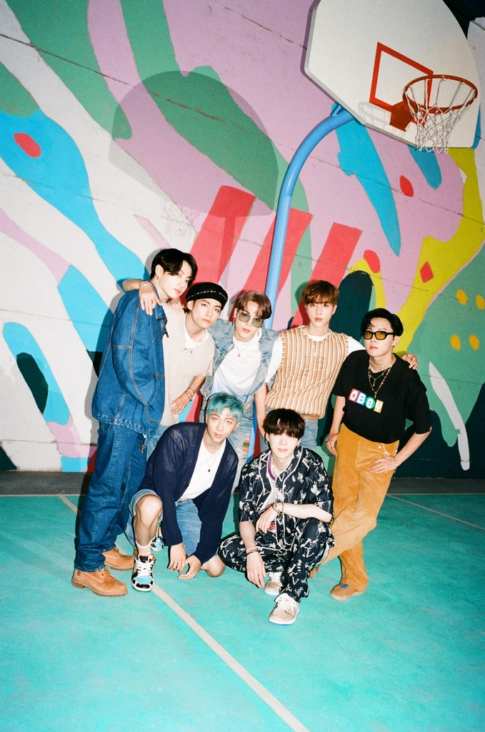 This photo, provided by Big Hit Music, shows BTS in a teaser for "Dynamite." (PHOTO NOT FOR SALE) (Yonhap)