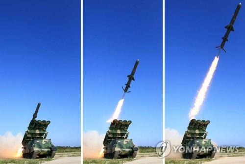 These photos published by the North's daily Rodong Sinmun on June 9, 2017, show the launch of the country's new surface-to-ship cruise missile. The report said the country's leader Kim Jong-un observed the missile launch, which South Korea detected a day earlier. The North's media said the test-firing was aimed at verifying the "combat application efficiency of the overall weapon system." (For Use Only in the Republic of Korea. No Redistribution) (Yonhap)