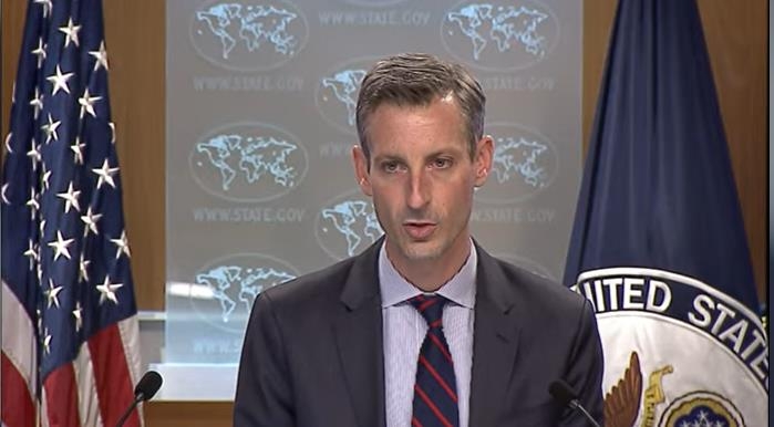 Department of State Press Secretary Ned Price is seen answering a question in a press briefing at the department in Washington on Jan. 27, 2022 in this image captured from the department's website. (PHOTO NOT FOR SALE) (Yonhap)