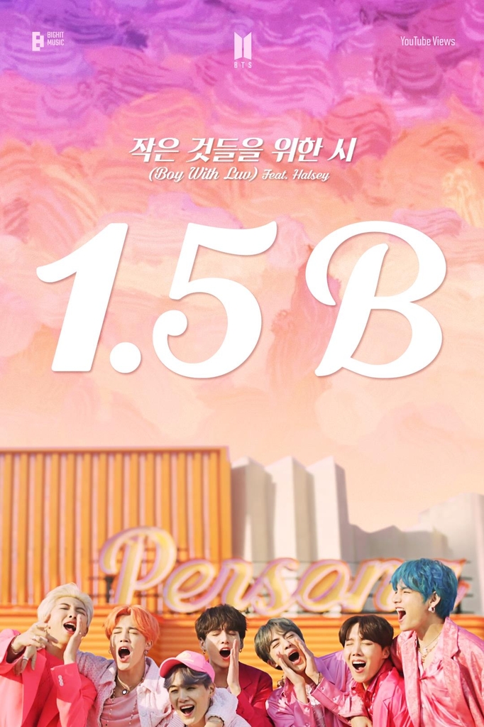 This photo, provided by Big Hit Music on April 22, 2022, shows an image celebrating 1.5 billion YouTube views garnered by the music video of 2019 BTS hit "Boy With Luv." (Yonhap)