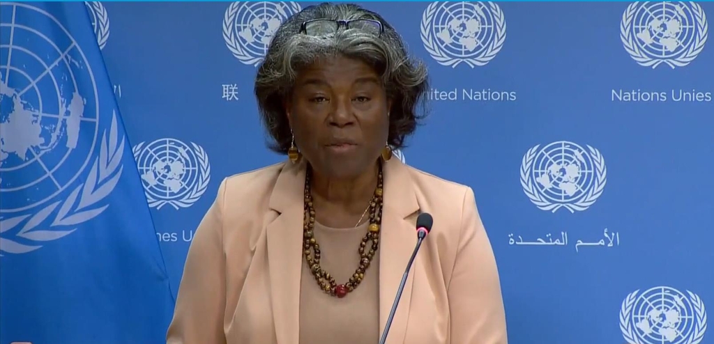 U.S. Ambassador to the United Nations Linda Thomas-Greenfield is seen answering questions in a press briefing in New York on May 3, 2022 in this captured image. (PHOTO NOT FOR SALE) (Yonhap)