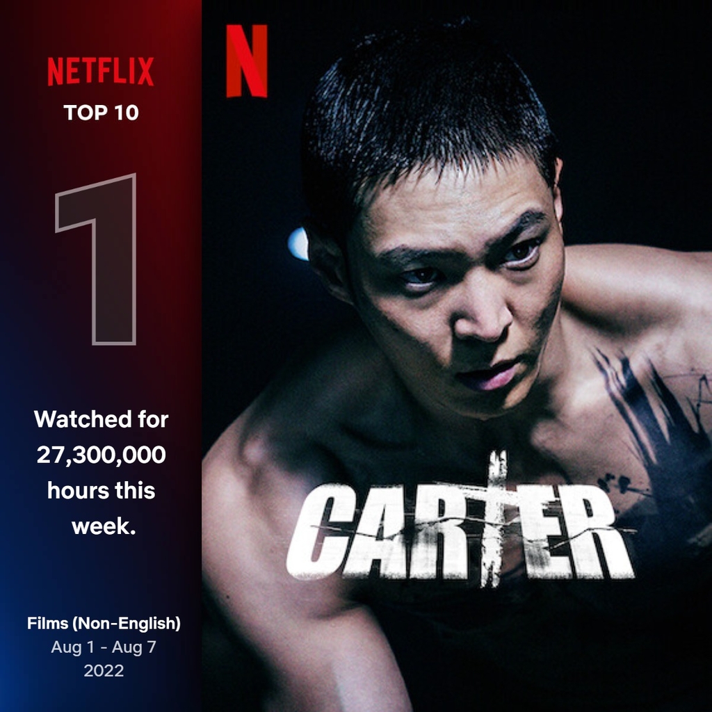 This image provided by Netflix highlights that the Korean action thriller "Carter" placed No. 1 on Netflix's weekly top 10 chart for non-English films for the week of Aug. 1-7, 2022. (PHOTO NOT FOR SALE) (Yonhap)