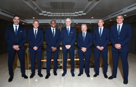 This photo provided by FIFA on Nov. 19, 2022, shows the members of its Technical Study Group. From left: Pascal Zuberbuhler, Jurgen Klinsmann, Sunday Oliseh, Arsene Wenger, Alberto Zaccheroni, Cha Du-ri and Faryd Mondragon. (PHOTO NOT FOR SALE) (Yonhap)