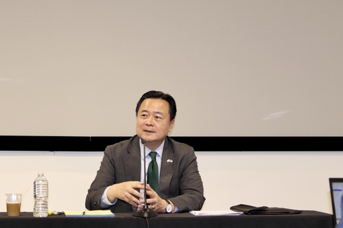 South Korean Ambassador to the United States Cho Hyun-dong speaks while meeting with reporters in Washington on May 31, 2023. (Washington Press Corps-Yonhap)