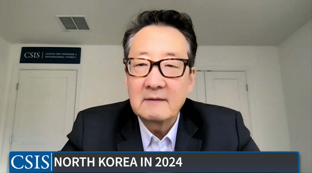 Victor Cha, senior vice president for Asia and Korea Chair at the Center for Strategic and International Studies (CSIS) speaks during a virtual forum hosted by CSIS on Jan. 11, 2024 in this photo captured from CSIS' YouTube account. (PHOTO NOT FOR SALE) (Yonhap) 