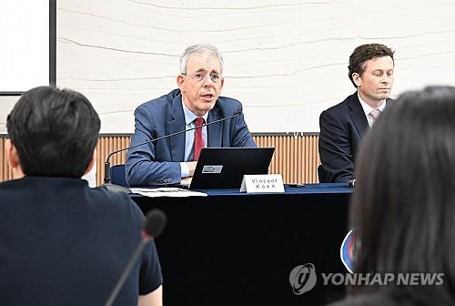 This file photo, provided by South Korea's finance ministry, shows Vincent Koen, head of the Organization for Economic Cooperation and Development's country studies division, speaking during a press briefing in the central city of Sejong on July 11, 2024. (PHOTO NOT FOR SALE) (Yonhap)