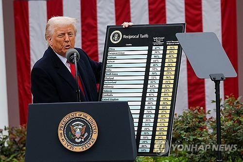 U.S. President Donald Trump delivers remarks on tariffs in the Rose Garden at the White House in Washington on April 2, 2025, in this photo released by Reuters. (Yonhap)