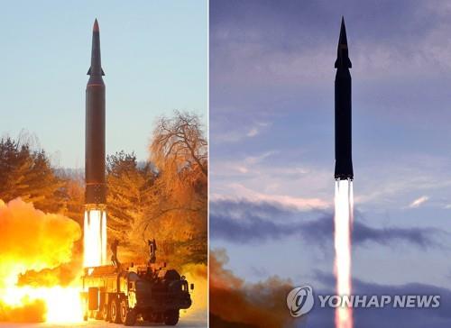 Le missile hypersonique tiré le mercredi 5 janvier 2022 (à g.) et le missile Hwasong-8 lancé en septembre 2021 publiées toutes les deux par l'Agence centrale de presse nord-coréenne (KCNA).(Utilisation en Corée du Sud uniquement et redistribution interdite)