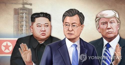 韓国の文在寅大統領（中央）は米朝の仲介役を自任している（イラスト）＝（聯合ニュース）