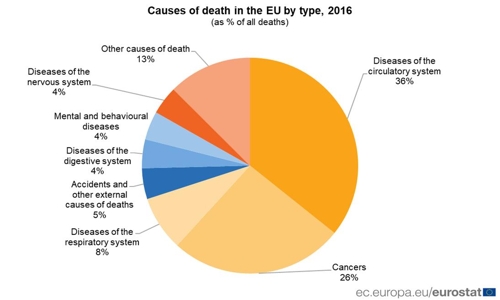 2016년 EU 회원국 사망자의 사망원인별 비율