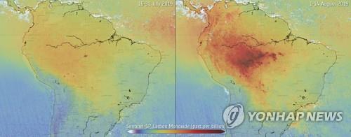 유럽우주국(ESA)가 공개 아마존 산불 이전(좌)과 이후(우)의 일산화탄소 오염 농도