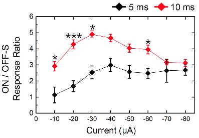 전기 자극의 전류 크기에 따른 OFF 세포 대비 ON 세포의 신경 신호 크기 비교 결과 [KIST 제공]