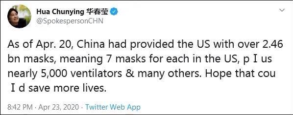 화춘잉(華春瑩) 중국 외교부 대변인 트위터