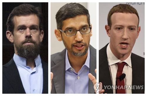트위터의 잭 도시(왼쪽부터), 구글의 순다르 피차이, 페이스북의 마크 저커버그 CEO. [AP=연합뉴스 자료사진]