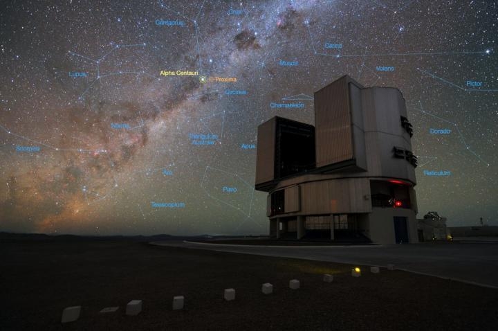 VLT and Alpha Centauri (in the upper center yellow text)