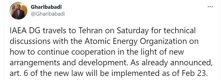 [사진=이란의 카젬 가리바바디 IAEA 대사 트위터 캡처. 재판매 및 DB 금지]