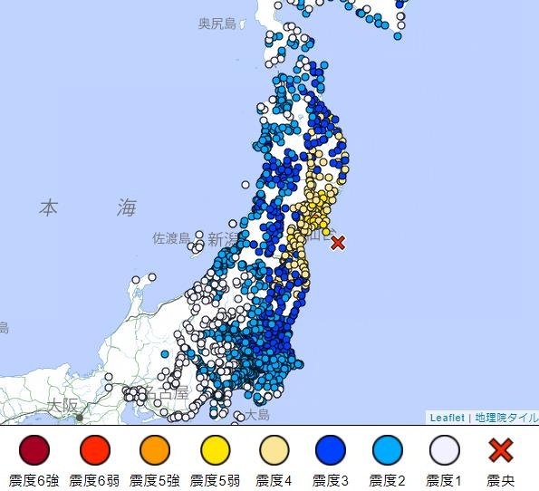 일본 미야기현서 감지된 최대 진도 5강
