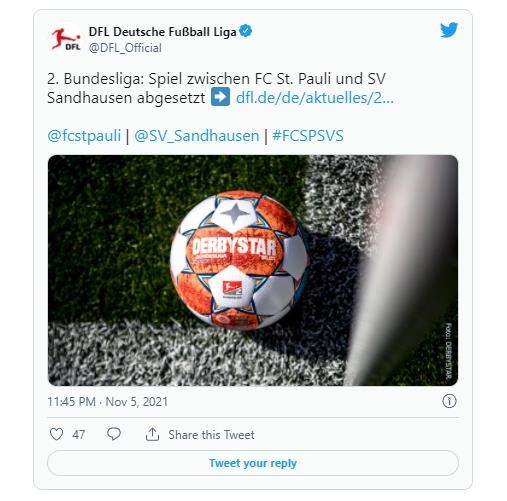 독일 2부리그 장크트파울리-잔트하우젠 경기의 연기 결정을 전한 독일축구리그.
