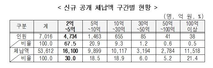 신규 공개 체납액 구간별 현황