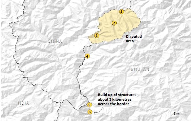  중국이 부탄 국경 분쟁지에 지은 건물과 마을 위치.