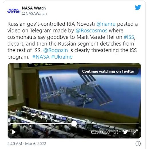 [우크라 침공] 러시아, 우주정거장 떠나는 묘한 영상 올려 '압박'