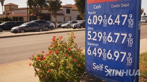 미국 로스앤젤레스 주유소의 기름값 안내 표지판